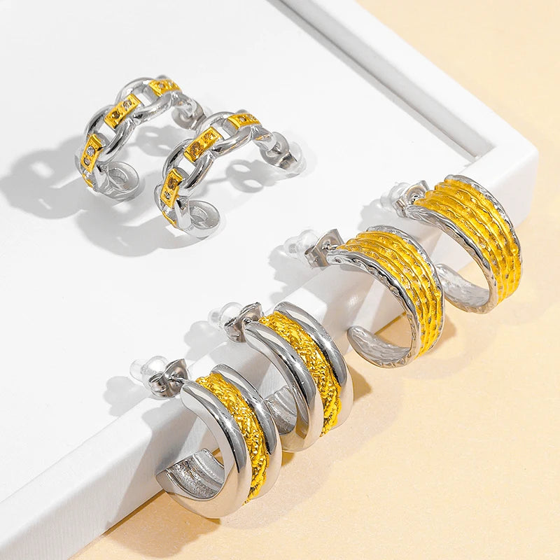 Women's Trendy 18K Gold Plated Stainless Steel CC Earrings Hypoallergenic Chunky Double Layer Stud Hoop Zircon Fashionable