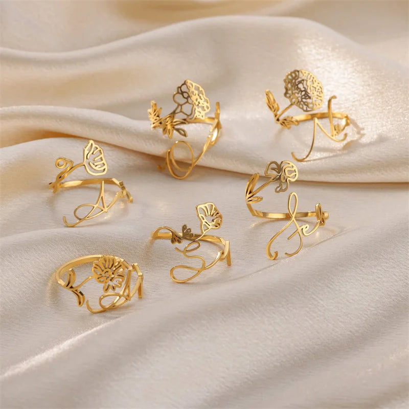 New Arrival Stainless Steel Engraved Month Initial Letter Ring Delicate Adjustable Hollow 12 Months Flower Birth Ring