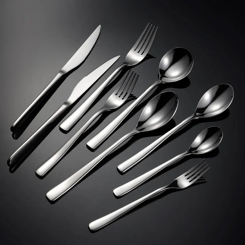 304 Stainless Steel Western Cutlery Food Knife Fork Spoon Hotel Silverware Heavy Weight Flatware with Thin Long Square Handle