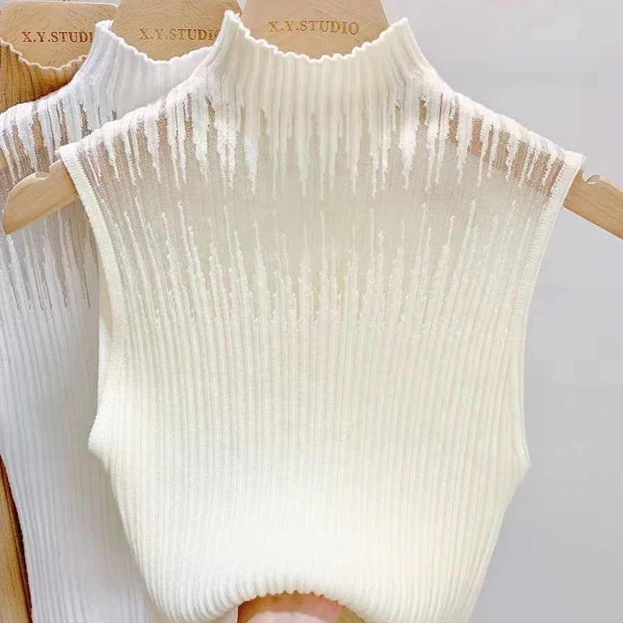 OUDINA Summer New Arrival High Neck Sleeveless Blouse Womens Cutout Vest Fashion Women Knitted Top