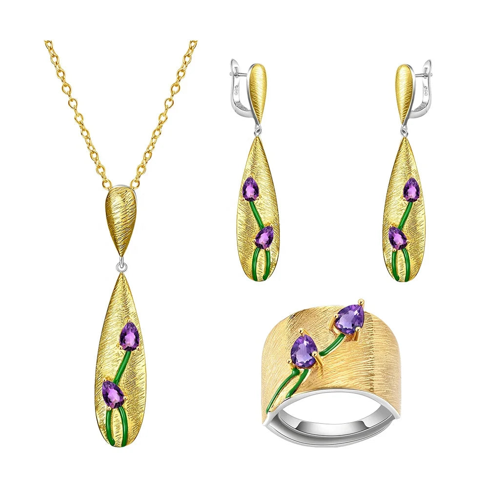 C7938 Abiding Beautiful Natural Amethyst Tulip Flower 925 Sterling Silver 18K Gold Plated Ring Earrings Necklace Jewelry Set