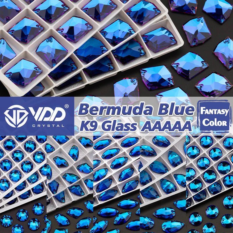 VDD Bermuda Blue Newest Fantasy Color Top Quality K9 Glass Sew on Rhinestones Sewing Crystal Flatback Stones Garment Decorations