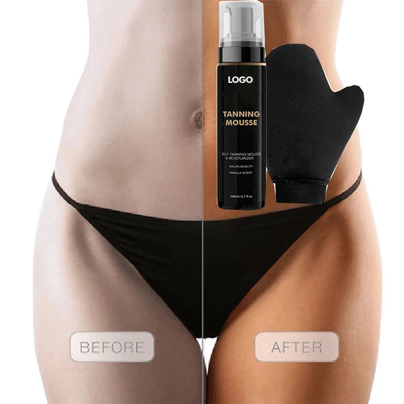 OEM Organic Face Body Tan Foam Ultra Dark Tan Bottle Black Pump Mousse Sunless Tanning Mousse Set With Gloves