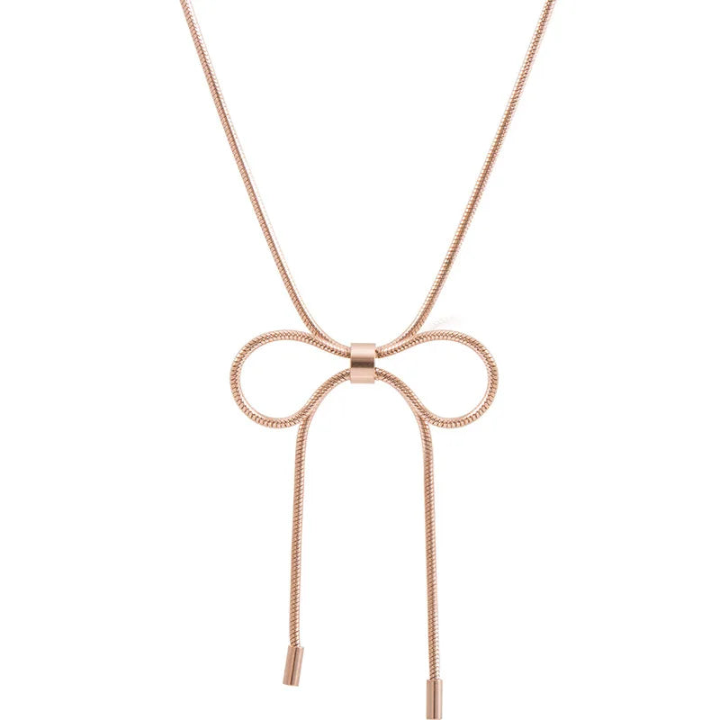 Wholesale Stainless Steel Bridal Jewelry Thin Snake Bone Chain Bowknot Bowtie Choker Necklace Ribbon Bow Gold
