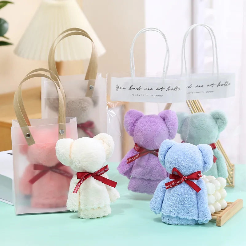 Wholesale Creative Cute Bear Coral Fleece Tote Goodie Bag Practical Gifts Square Hand Kitchen Dish Towel