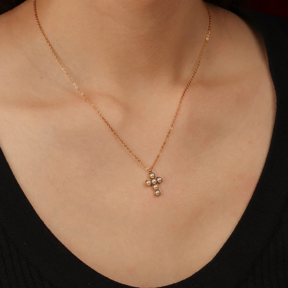 Chris April Fashion Jewelry 18k PVD Gold Plated 316L Stainless Steel Cute Cross Pendant Pearl Charm Necklace