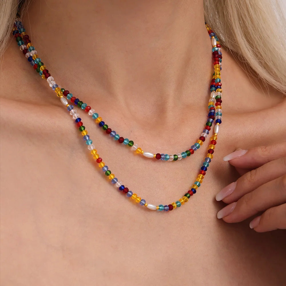 Fashion Collarbone Chain Dopamine Colourful Crystal Stone Beaded Necklace  Fresh Water Pearls Stainless Steel Beaded Necklace