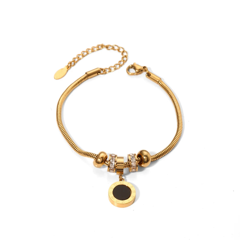 PVD Plating Stainless Steel 18K Herringbone Snake Chain Enamel Coin Pendant Charms Women Bracelets