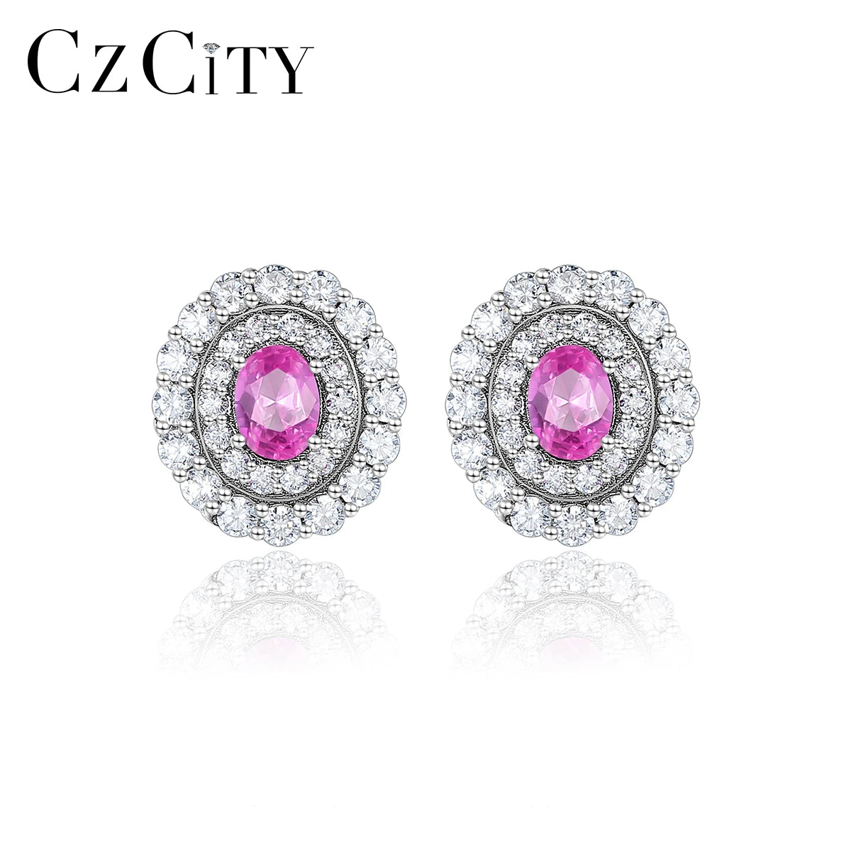 CZCIT 2025 New Flower Design Luxury Pink Ruby Lab Gemstone Stud Earrings 925 Women Fashion Earring