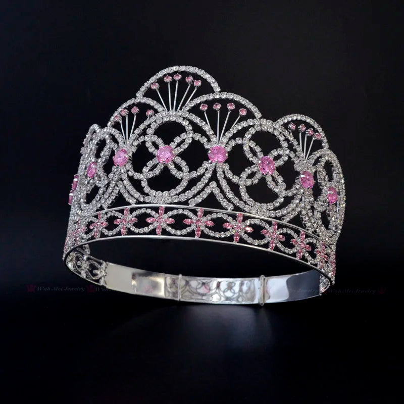 Miss Teen Crown Pink Colour CZ Stone Rhinestone Crystal Adjustable Headband Bridal Wedding Hair Jewelry Tiaras for Pageant Queen