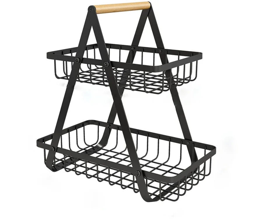 Hot Selling Double Layer Fruit Rack Detachable Assembly Wooden Iron Hand Basket with Storage Features