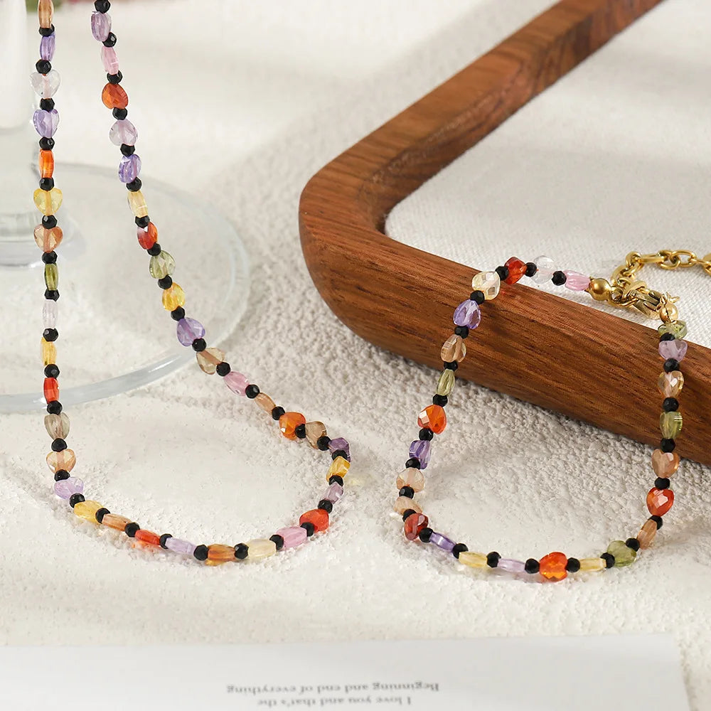Shescity Trendy Fashionable Summer Style Designer Necklace Bracelet Heart Shaped Zircon Stainless Steel Jewelry Set for Women