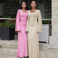 Pullover Simple Casual Spring Fall Pleated Flared Long Sleeve Ribbed Bandage Maxi Dresses Women Lady Elegant Modest Long Dress