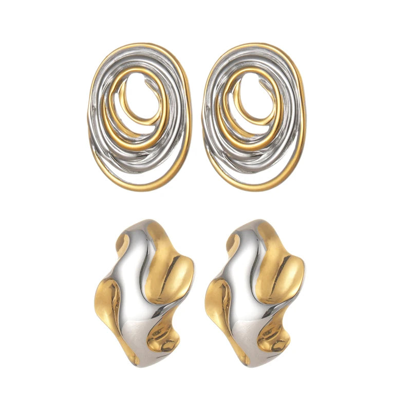Fashionable Retro 18K Gold-Plated Geometric Pattern Stud Earrings Two Tone Oval Lines Stainless Steel Women's Party Jewelry Gift