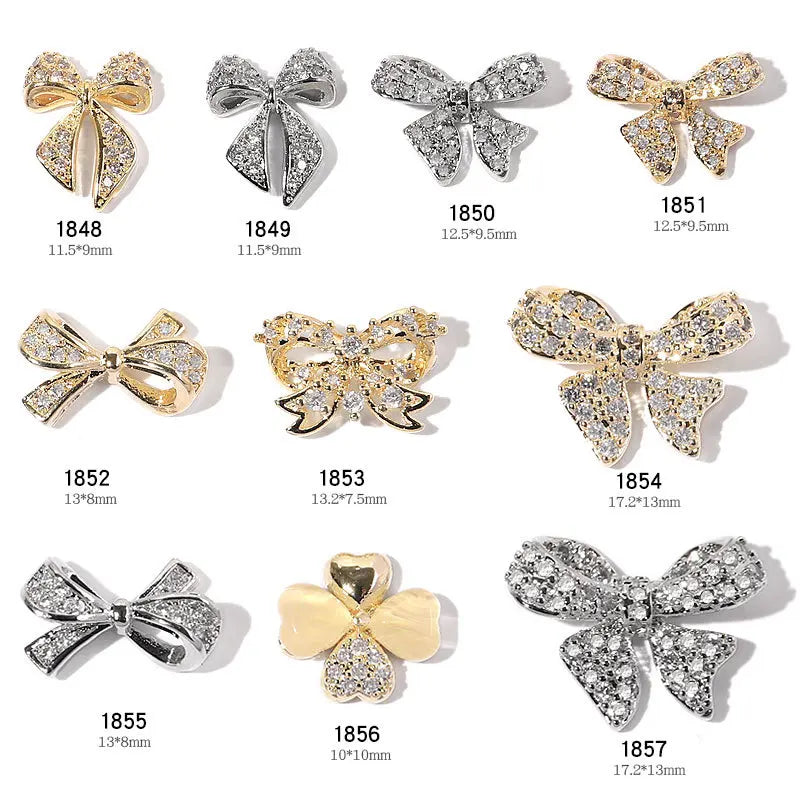 Gold Silver Metal Alloy Charms 3D Nail Art Jewelry Zircon Butterfly Bow Nail Art Rhinestone Decorations
