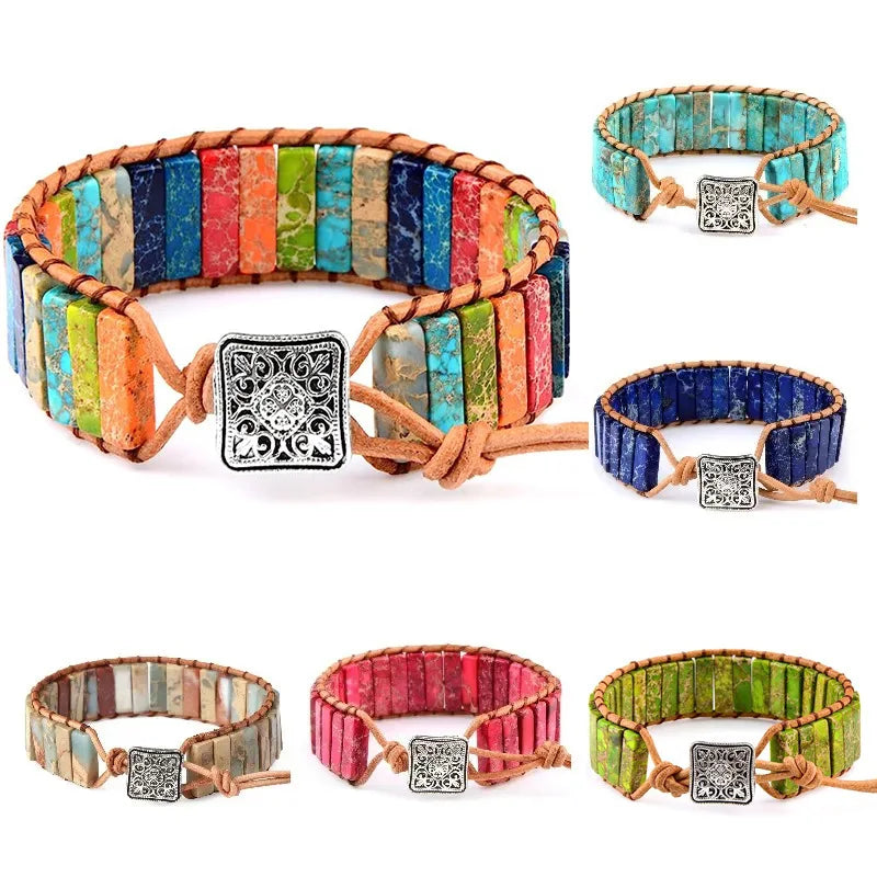 Wholesale Stylish Multicolor Natural Stone Leather Tibetan Bracelet Bead Leather Wrap Bracelet Turquoise Bracelet for Party Gift