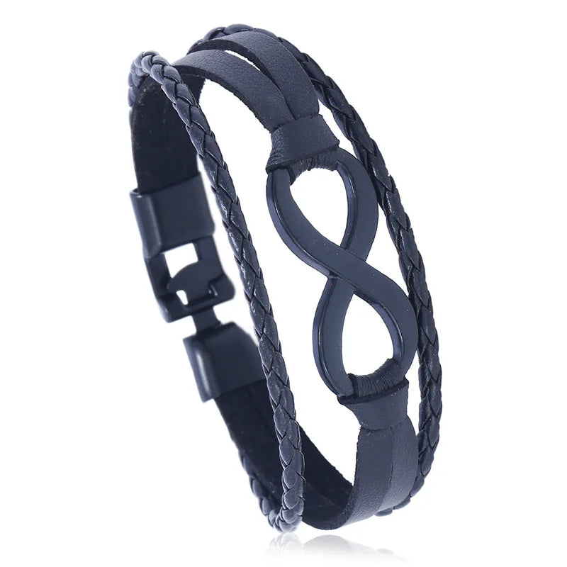 Hand Weaved Black Figure-Eight Infinite Leather Bracelet Personalized Simple Couple Jewelry Fashionable Cuff Accessory