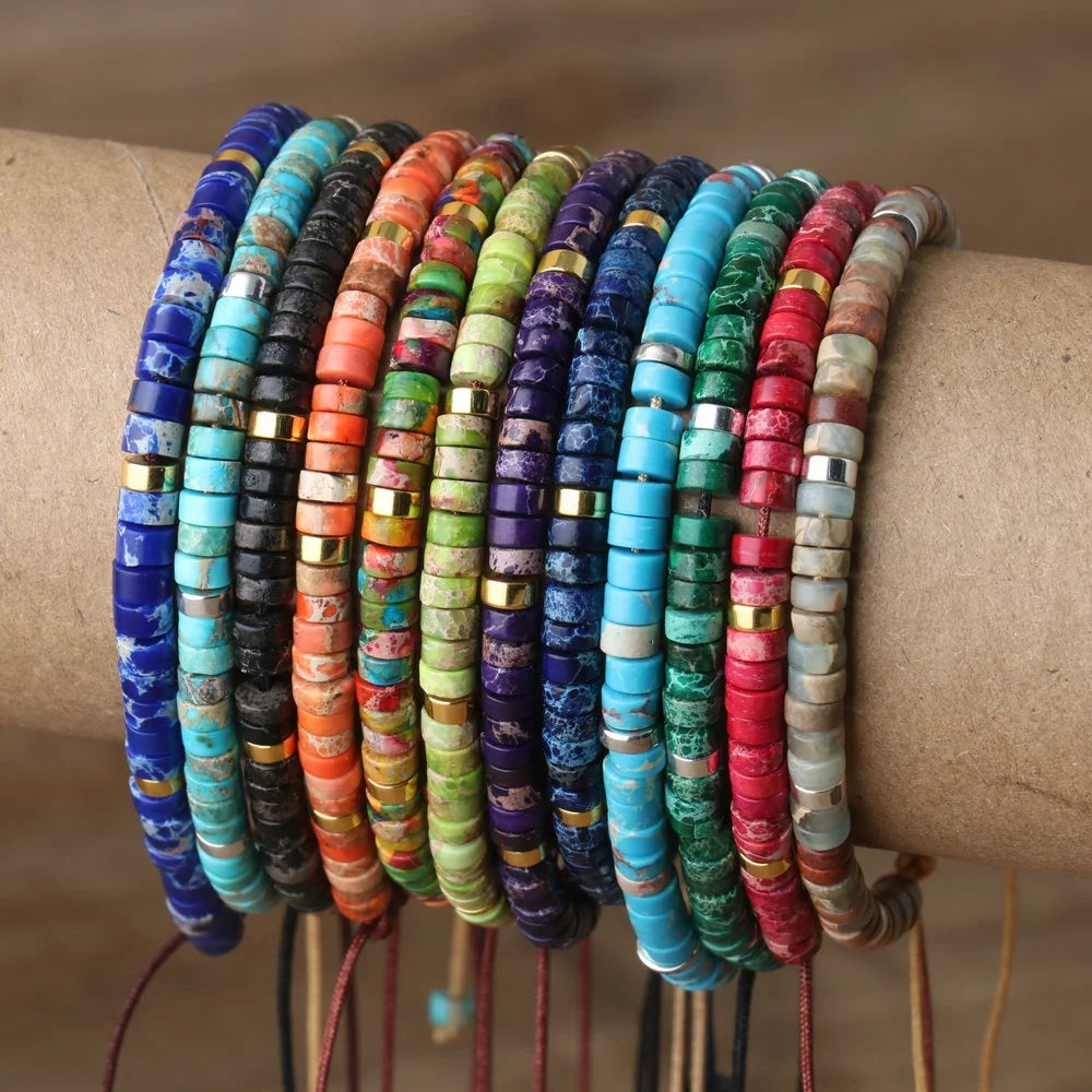 2 X 4 mm Dainty Stone Bracelet for Women Semi-precious Flat Beaded Handwoven Adjustable Healing Imperial Jasper Bracelet Gift