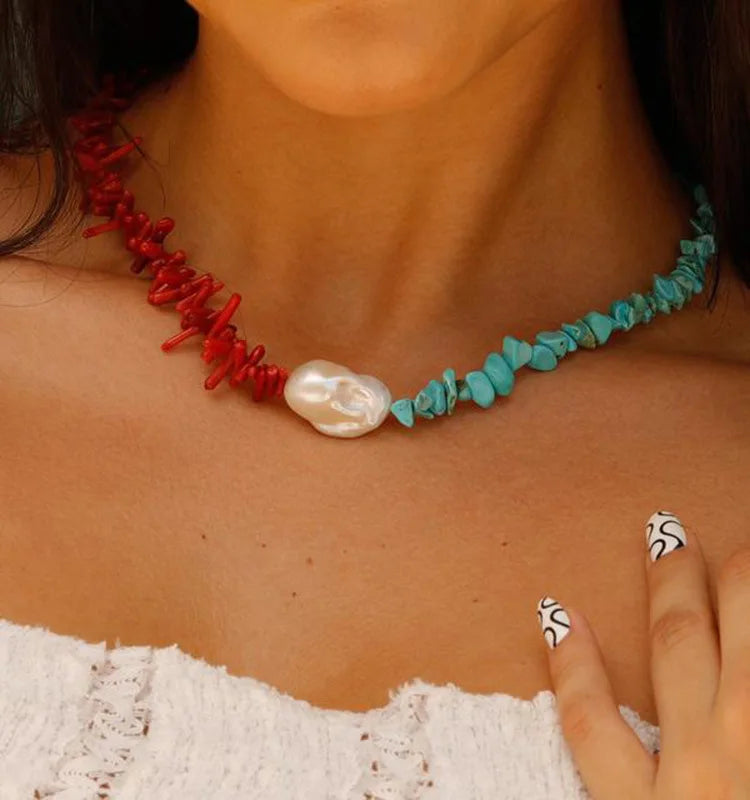 Handmade Boho Pearl Coralline and Turquoise Stone Beaded Necklace Jewelry for Women