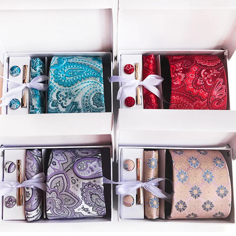 Luxury Men's Italian Silk Paisley Necktie Pocket Square Cufflink Gift Set with Custom Logo High Quality Wedding Accessory
