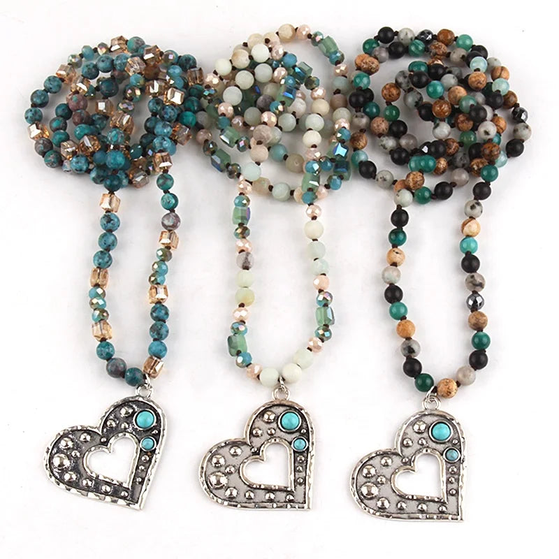 Fashion Jewelry - 6mm Natural Pebble Glass Crystal Linked Pendant - Silver Alloy Hollow Heart Necklace for Elegant Ladies