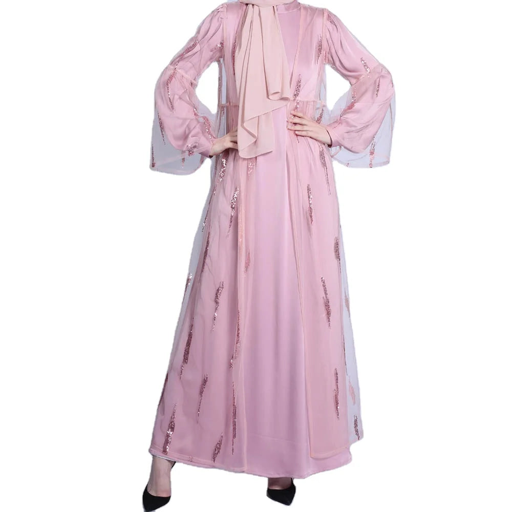 Trumpet Sleeve Glitter Decoration Floor Length Loose Size See Through Black White pink Color Muslimah Abaya