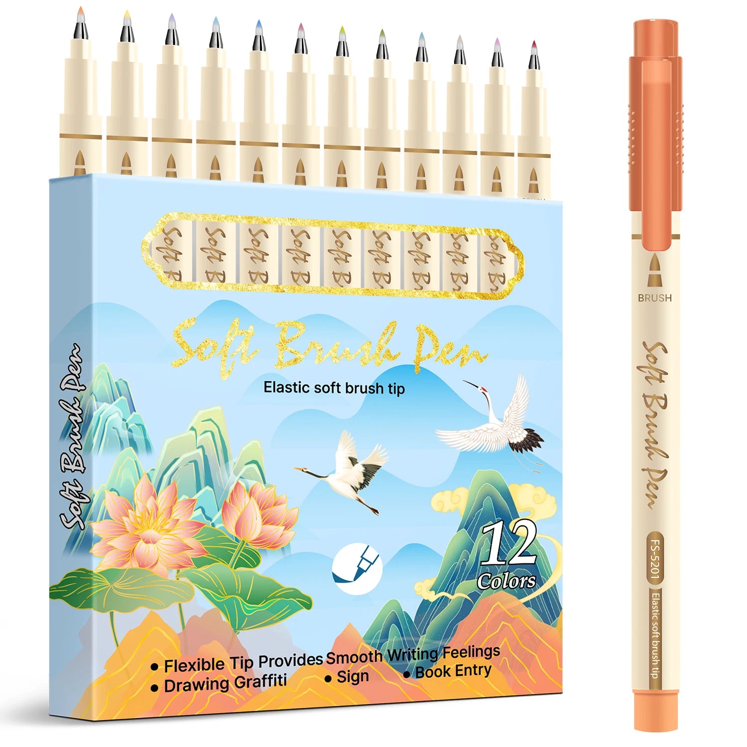 Best Selling  12 Assorted Colors  Arts Sign Pen Touch Fude Brush Tip Markers for Doodling Feathering Cross Hatching