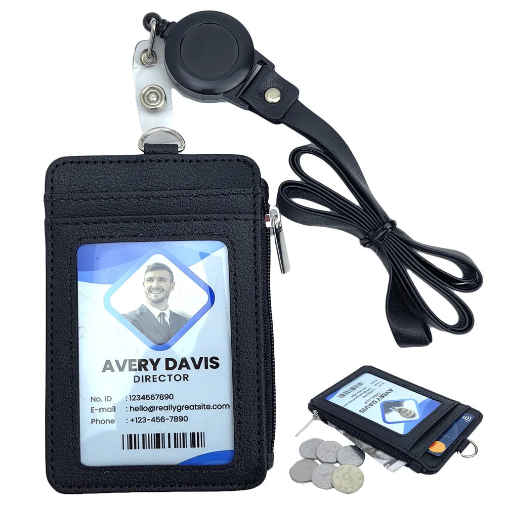 Wholesale Vertical PU Leather Business Id Credit Card ID Badge Holder with Zipper Pocket and Retractable Pull Badge Reel Lanyard