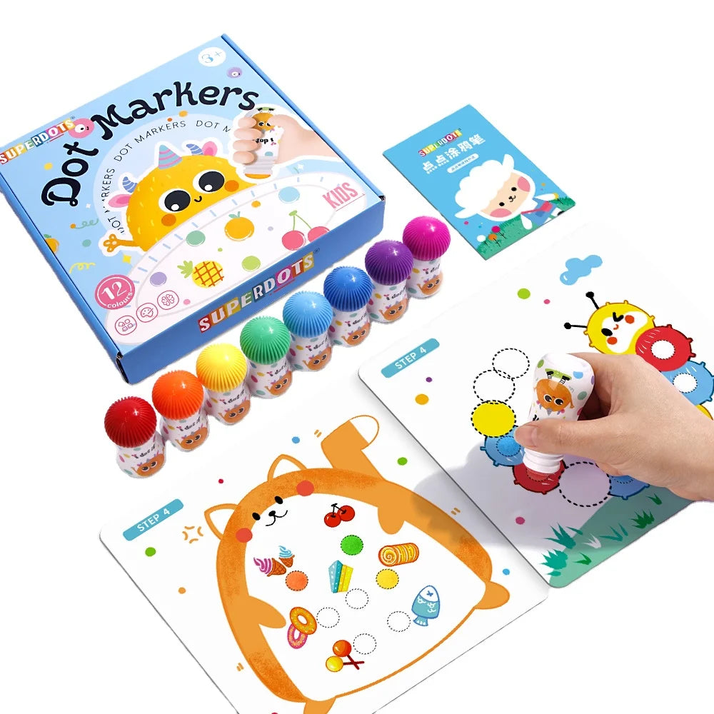 12 Colors Washable Dot Markers Set 18mm Nib & 25ml Mini Paint Daubers Non-Toxic Bingo Dabbers for Kids Preschool Learning