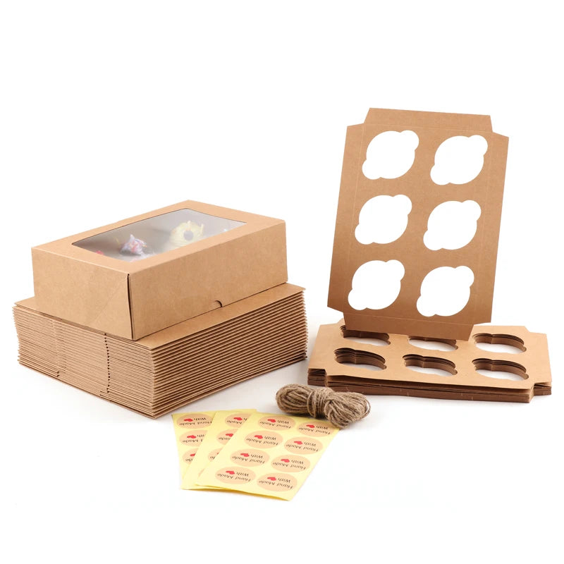 Customize  reusable Kraft Paper 6 hole cupcake boxes and White Cardboard Muffin Boxes with Clear Window