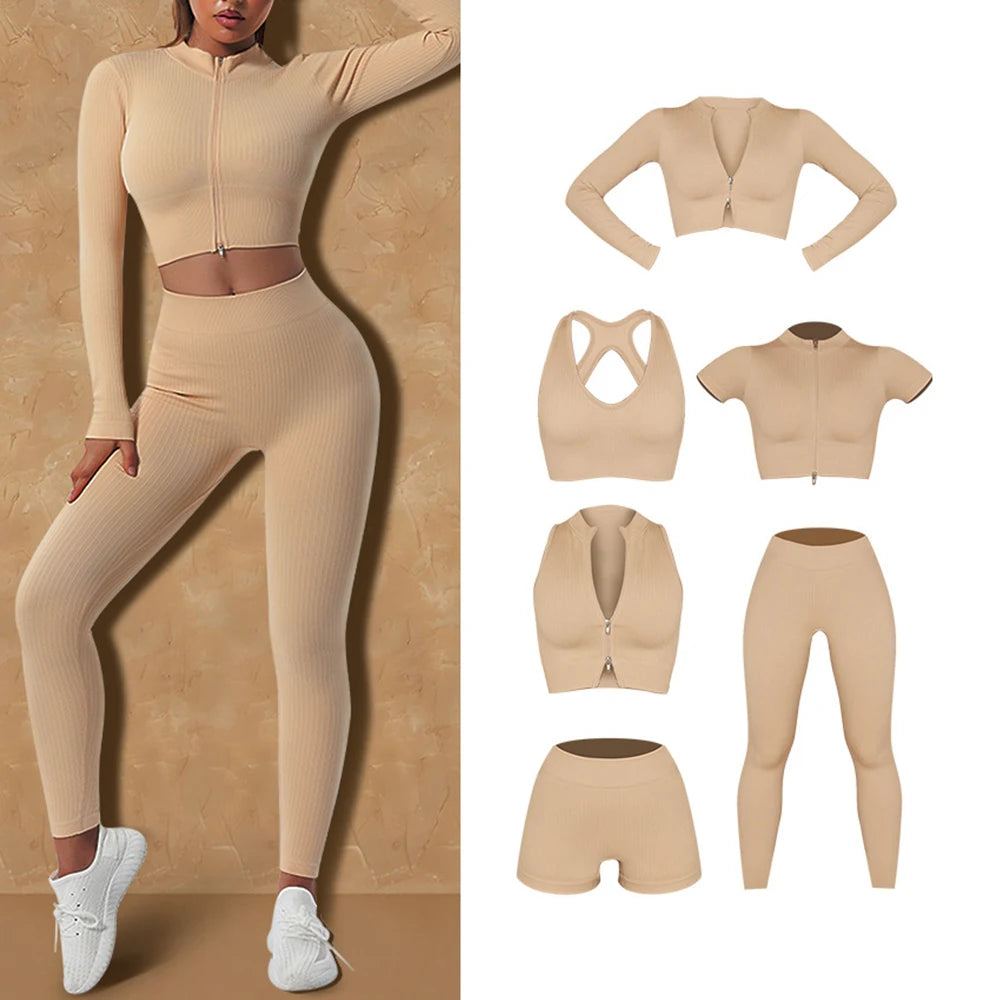 Women's 2022 6-Piece Ribbed Seamless Yoga Sport Set Zipper Gym Tank Top Scrunch Leggings Solid Fitness Athletic Wear-Plus Size