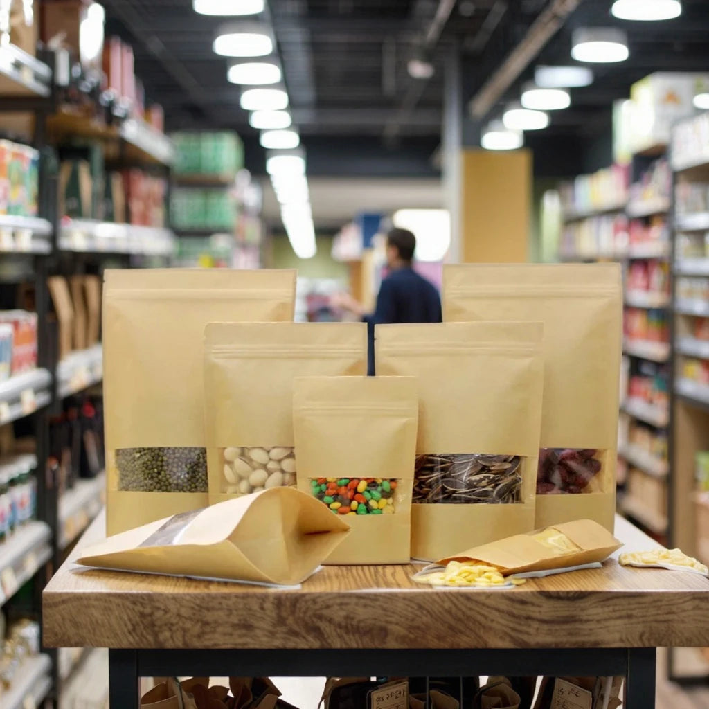Factory Resealable Compostable Brown Kraft Paper Doypack Stand up Pouch with Window Zipper for Food Packaging Sugar Storage