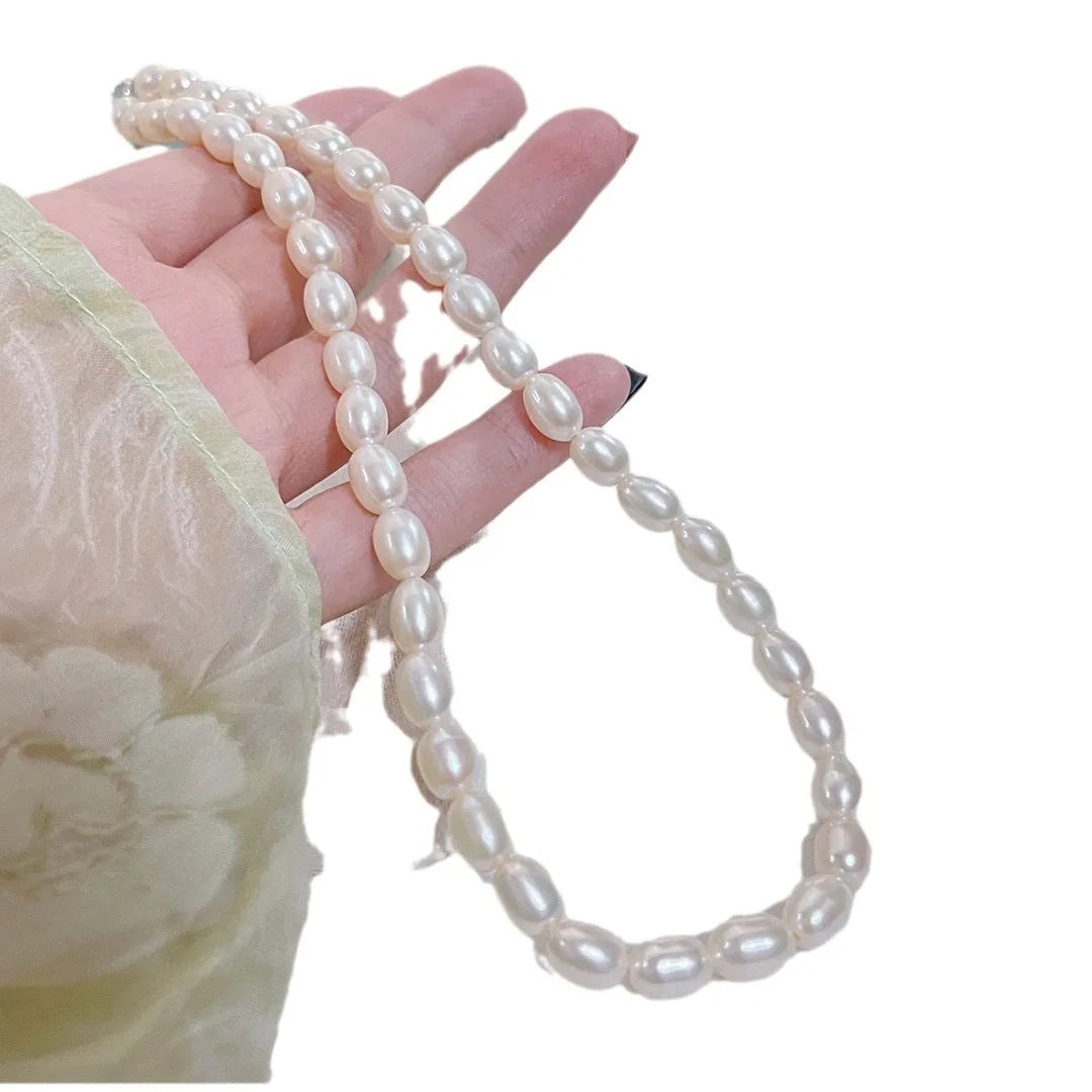Women's Vintage Style Simple Luxury Rice-Shape Freshwater Pearl Necklace New Style S925 Sterling Silver Clavicle Diamond Wedding