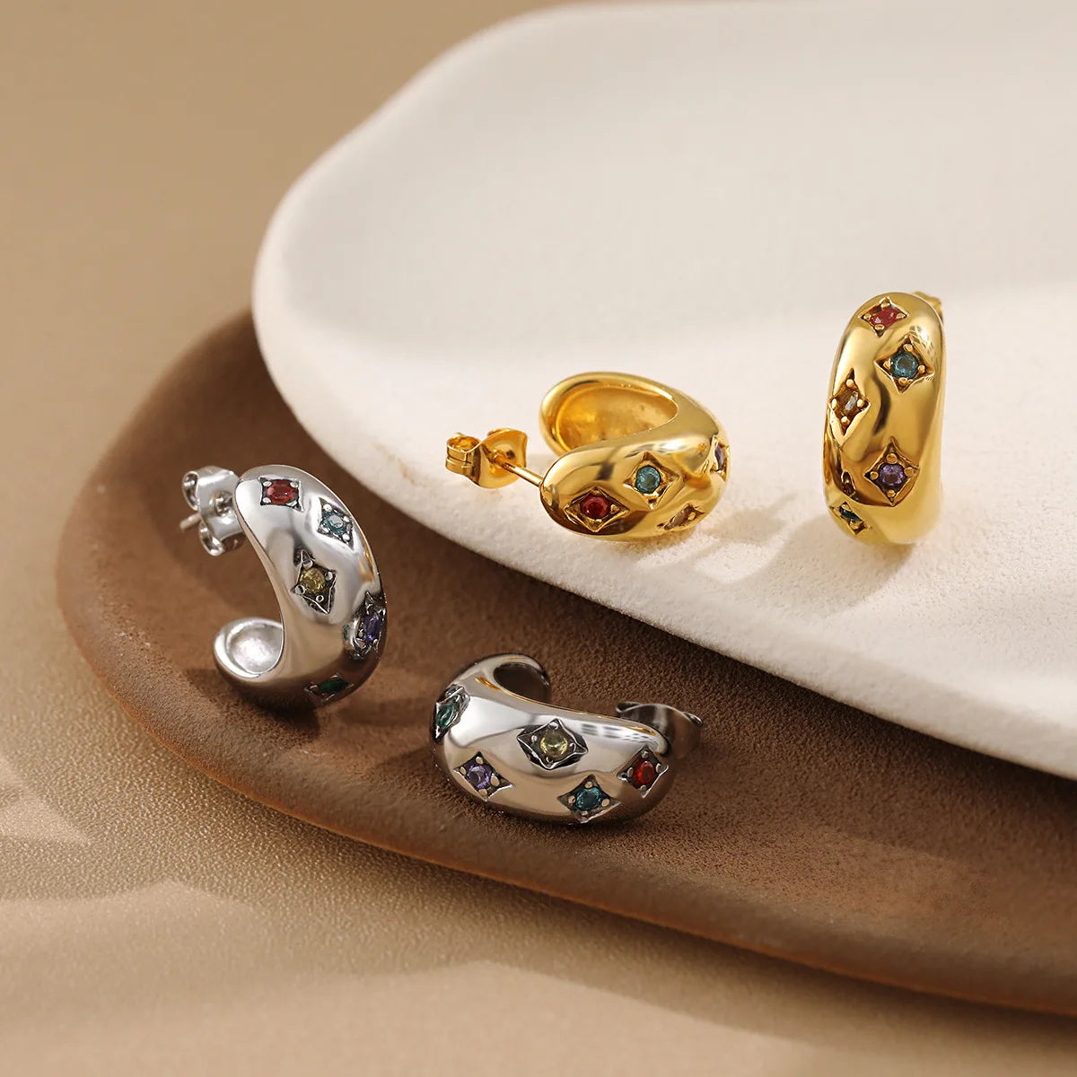 Luxury Designer 18K Gold-plated Stainless Steel Colored Zircon Earrings Retro Geometric Thick Women's Fashion Jewelry Party Gift
