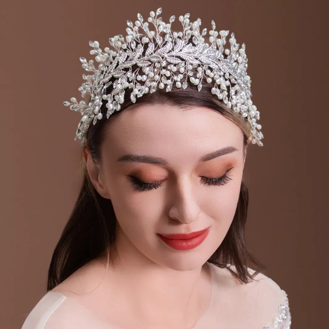 SLBRIDAL Luxury Handmade Flexible Rhinestones Crystals Pearls Wedding Tiara Headband Bridal Crown Women Hair Accessories Jewelry