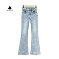 Green Dimple Vintage Rhinestone Embroidery Flared Denim Pants for Women High Waist Slim Fit Button Straight Long Jeans