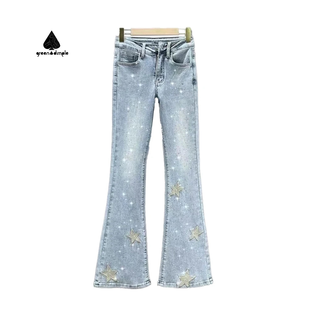 Green Dimple Vintage Rhinestone Embroidery Flared Denim Pants for Women High Waist Slim Fit Button Straight Long Jeans