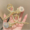Large Metal Hair Claw with Pearl Crystal Sunflower Sparkle Hair Clip Accessory for Women Sweet Style Hairpins