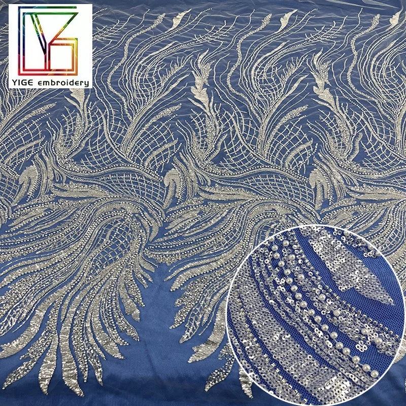 New Luxury Ivory Pearl Embroidered Tulle Net Fabric French White Bridal Sequin Lace Beaded Fabric
