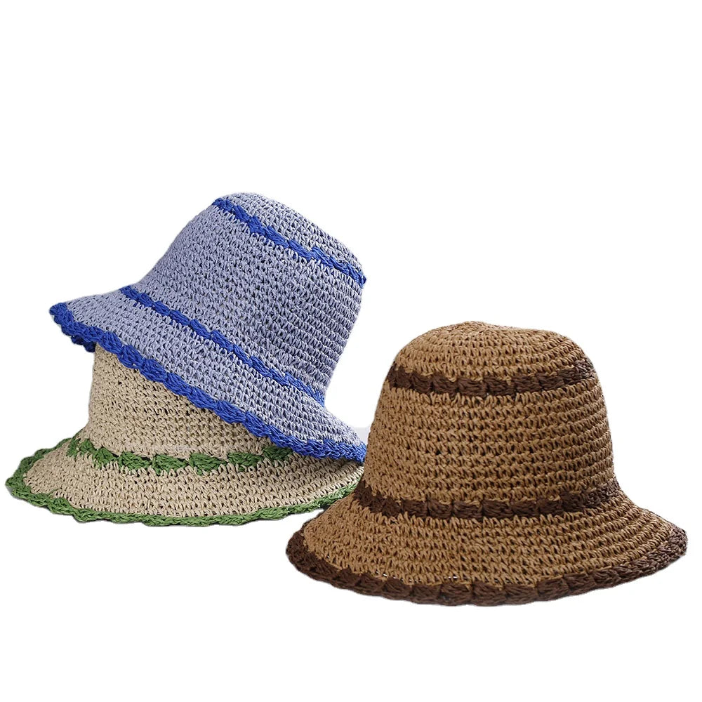 Woven Stripe Women Paper Straw Sun Hat Fishing Bucket Hat Beach Hat Foldable Cap Summer Beach Caps