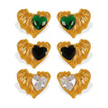 Glass Stone Stud Earrings for Women Heart Shape White Green Black Textured Jewelry Set Gold Plated Fashion Wholesale