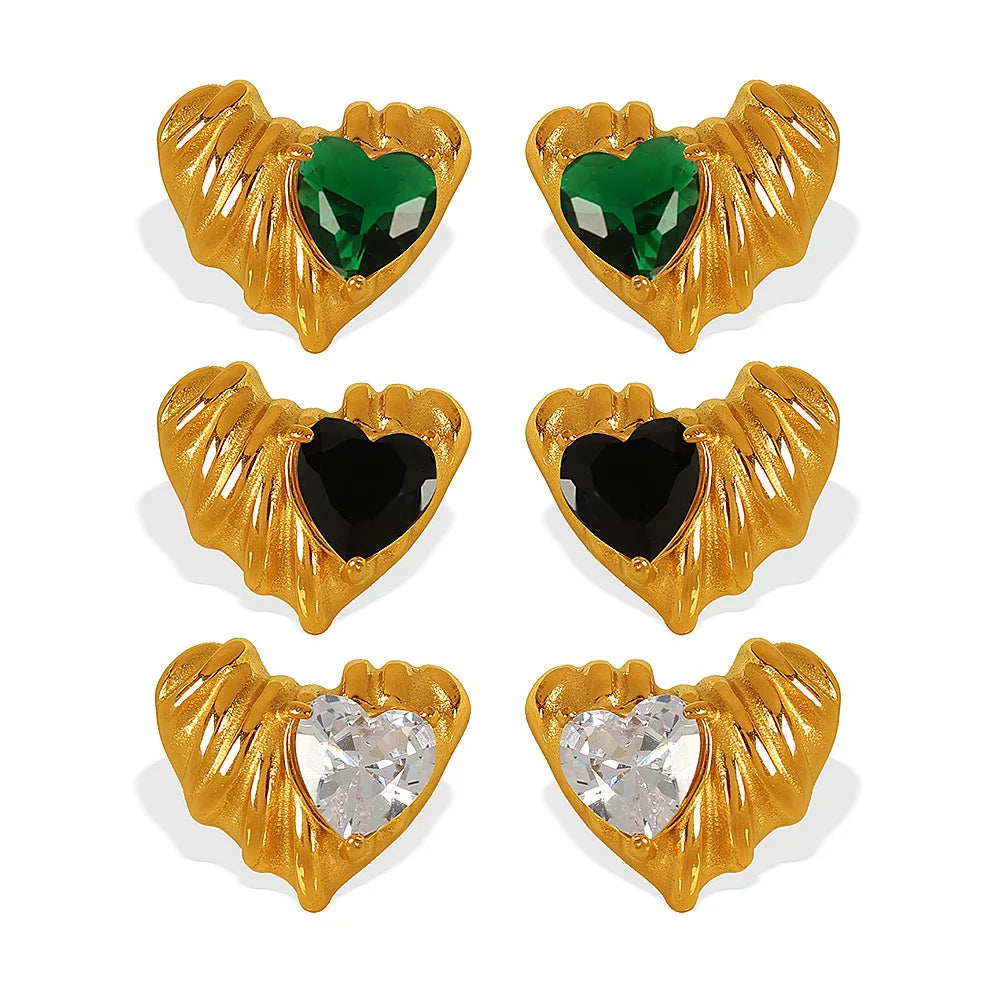 Glass Stone Stud Earrings for Women Heart Shape White Green Black Textured Jewelry Set Gold Plated Fashion Wholesale