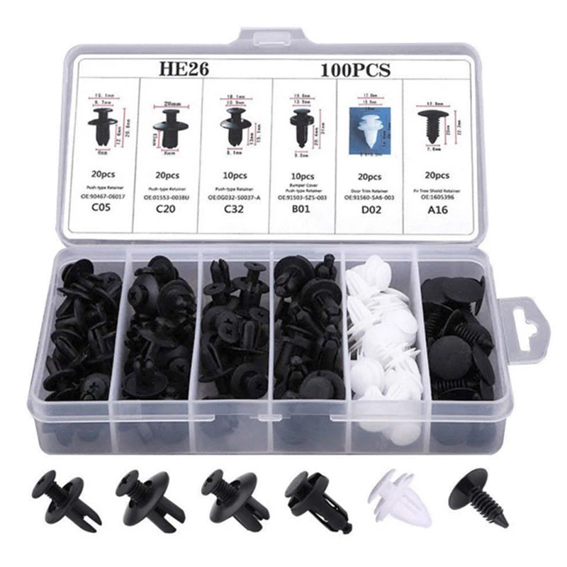 100pcs Auto Fastener Clip Kit Mixed Car Body Push Retainer Pin Rivet Bumper Door Trim Panel Retainer Fastener Made Plastic Nylon