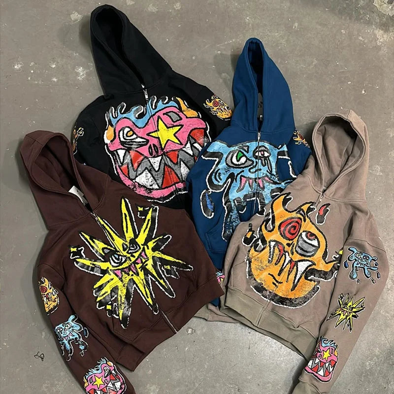 Hoodie Manufacturer Premium Heavy Fleece Oversized Custom Screen Printing Cartoon Zip up Hoodie for Men