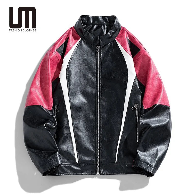 Liu Ming New Product 2025 Fashion Men Casual Zipper Patchwork Color Leather Biker Jackets Outerwear Coat