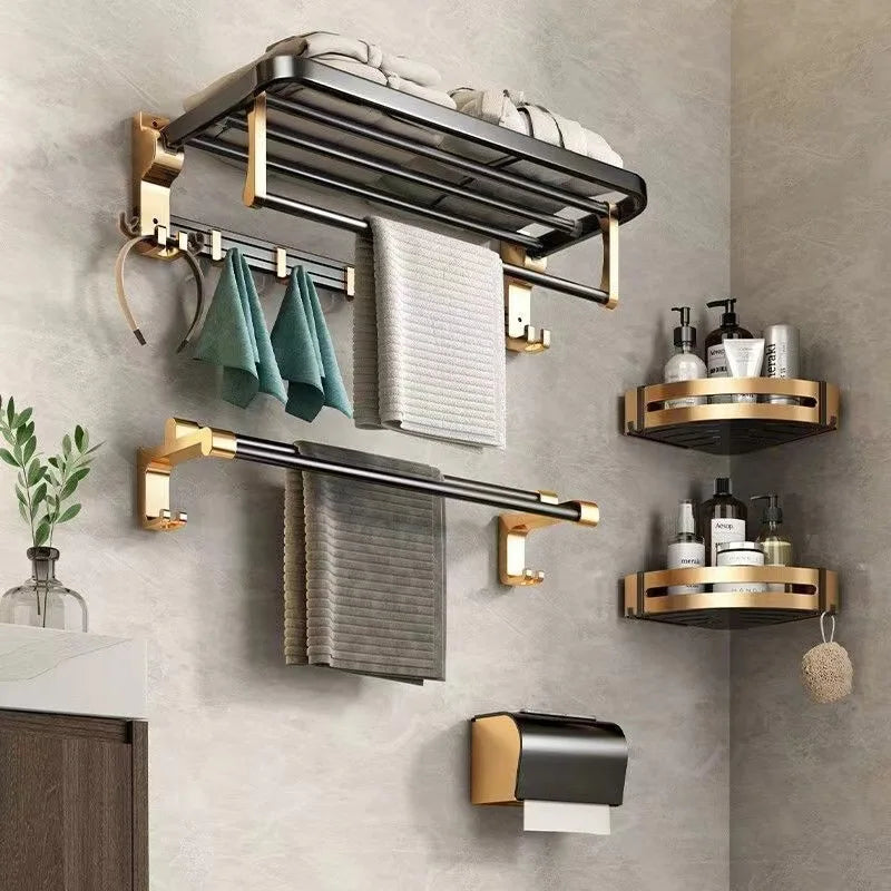 Black Gold Space Aluminum Folding Towel Rack Set Five Piece Bathroom Accessories Set Wall Mounted Organizer Shelf for Hotel Home