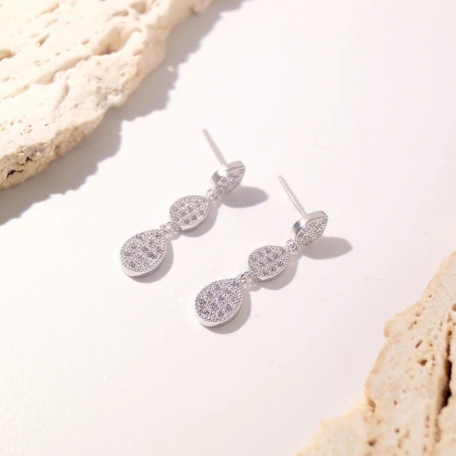 Statement Stud Pave Tear Drop Elegant Women Fine Jewelry 925 Silver Zircon Charm Chain Dangling Stud Earrings S925