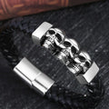 Custom Luxury Promotion Stainless Steel Triple Skulls Men Punk Rock Braided Leather Fashion Jewelry Bracelet SK-002