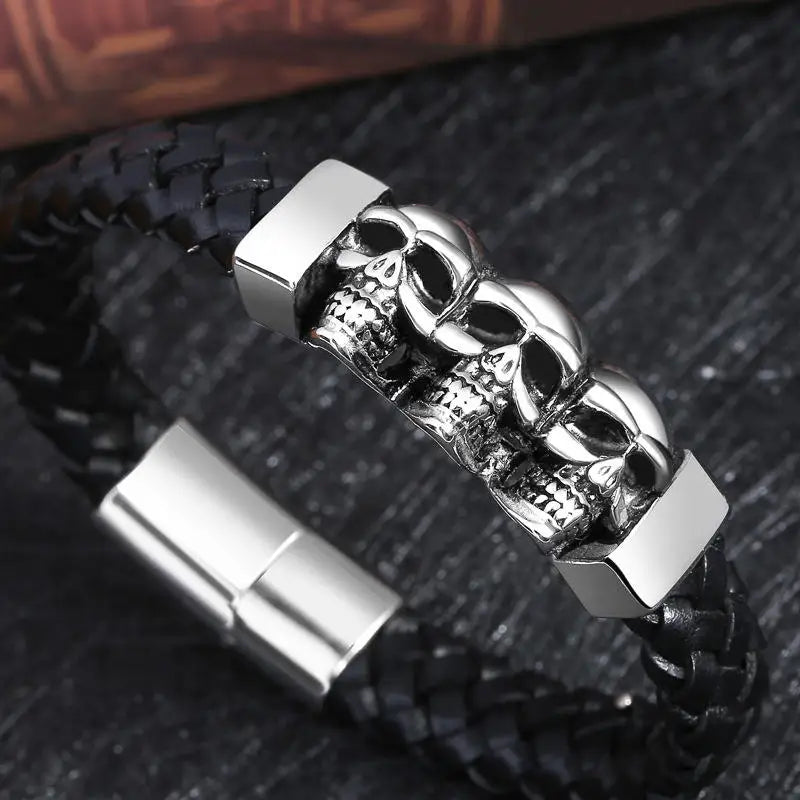 Custom Luxury Promotion Stainless Steel Triple Skulls Men Punk Rock Braided Leather Fashion Jewelry Bracelet SK-002