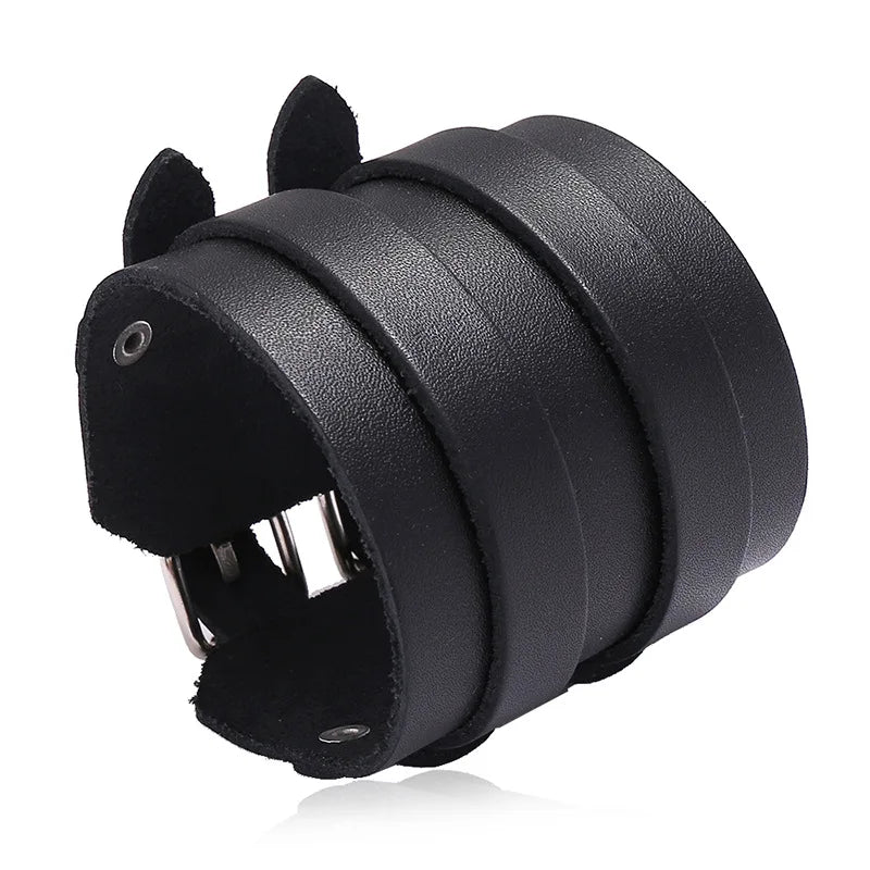 Men's Bracelet Wholesale Genuine Leather Jewelry Belt Double Buckle Wide Leather Cuff Bracelet Wrist Wrap Bracer